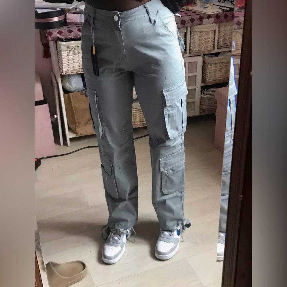 NWT Grey cargo pants wide leg with side pockets XS S M L